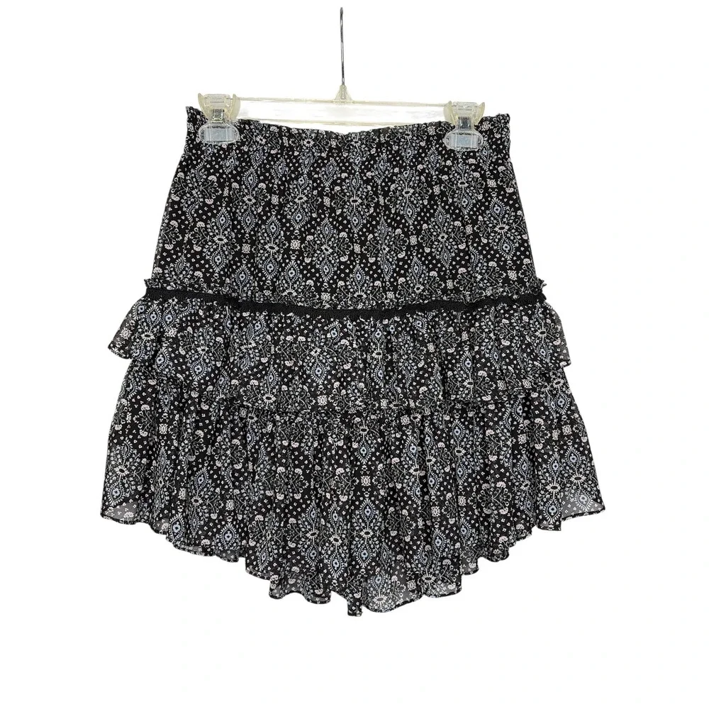 MISA Los Angeles Women Black Floral Medallion Tiered Ruffle‎ Mini Skirt Size M